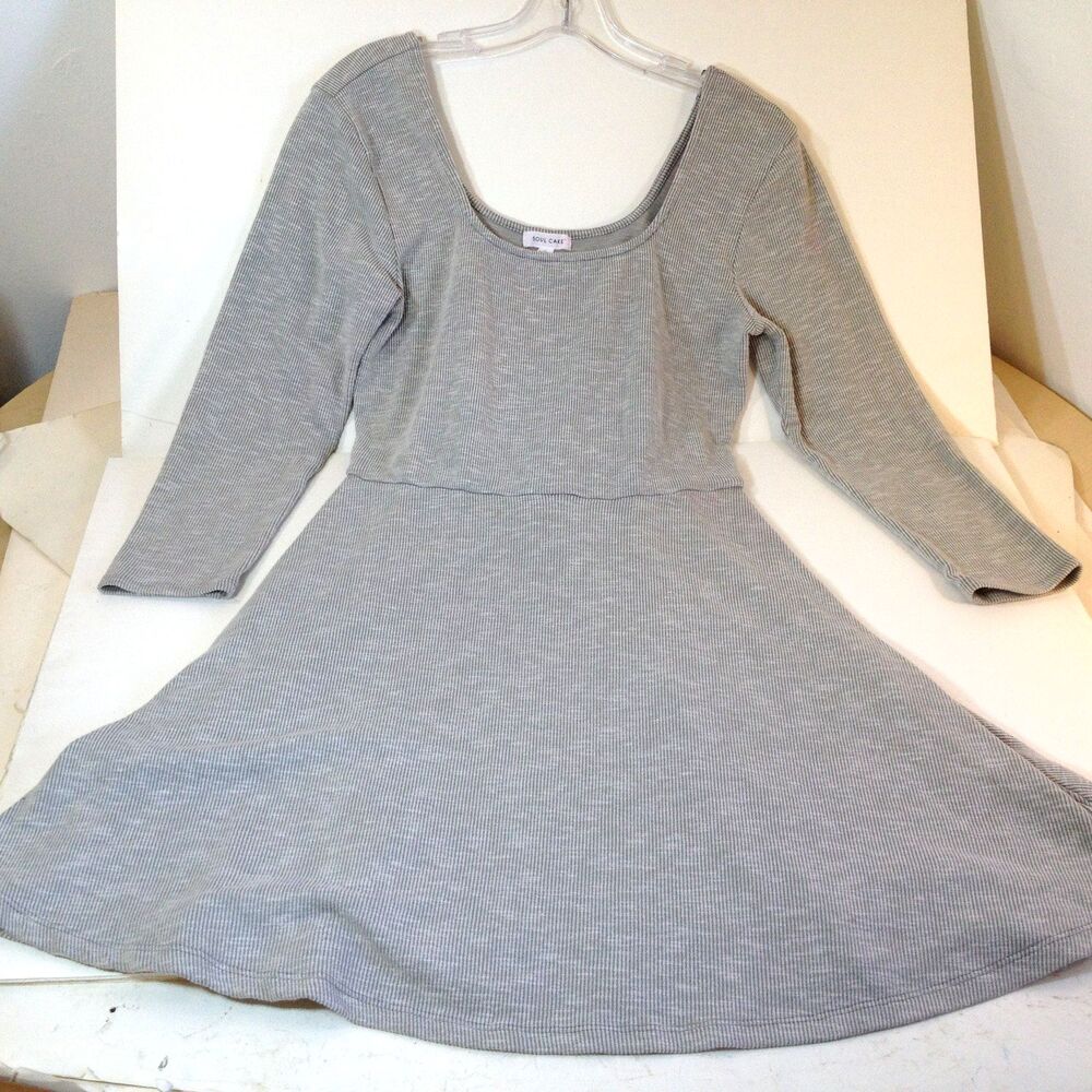 Vintage Soul Cake Size L Large Gray Long Sleeve U-Neck Stretch Flare Dress